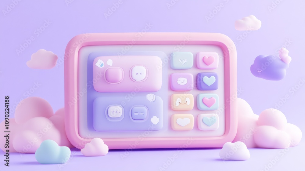 Poster A pastel-colored user interface featuring buttons and icons set against a soft cloud background.