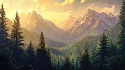 Obraz premium Majestic Sunrise Over Serene Mountain Landscape Surrounded by Verdant Pine Forests and Glorious Peaks Bathed in Golden Light and Soft Clouds