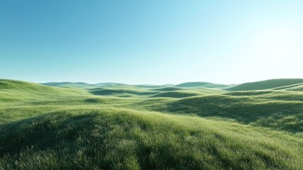 Obraz premium Serene Green Hills Under Clear Blue Sky in a Tranquil Landscape, Capturing the Beauty of Nature's Rolling Terrain and Soft Grass in Full Sunlight