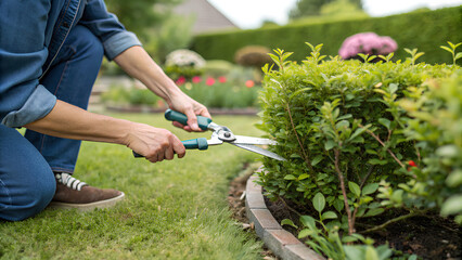 Naklejka premium Gardener's gloved trims bush with garden shears, Gardening concept.png