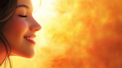 Serene Radiance of a Woman's Captivating Smile Against a Warm and Soft Background Evoking Joy and Tranquility in a Beautiful Moment of Inner Peace