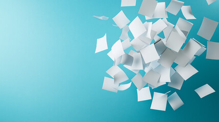 Scattered paper notes floating against vibrant blue background, creating dynamic and artistic scene