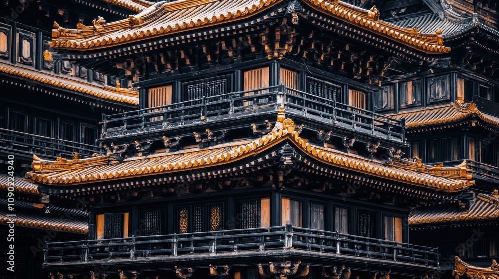 Poster a striking view of traditional asian architecture with intricate details and vibrant colors.