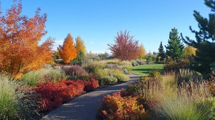 Obraz premium Vibrant Autumn Landscape with Colorful Foliage, Pathway, and Clear Blue Sky in a Botanical Garden Setting