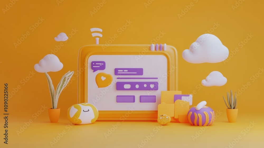 Poster A colorful 3D illustration featuring a stylized screen and playful objects on a vibrant background.