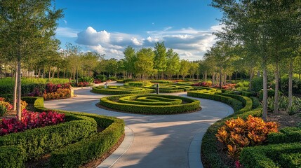 Fototapeta premium Serpentine Pathway Through Lush Greenery and Vibrant Floral Displays in a Beautifully Designed Garden Landscape Under a Bright Blue Sky