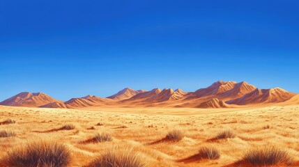 Naklejka premium Vast Expanses of Desert Landscape Featuring Lush Dunes and Rocky Mountains Under a Clear Blue Sky for Nature and Travel Themes