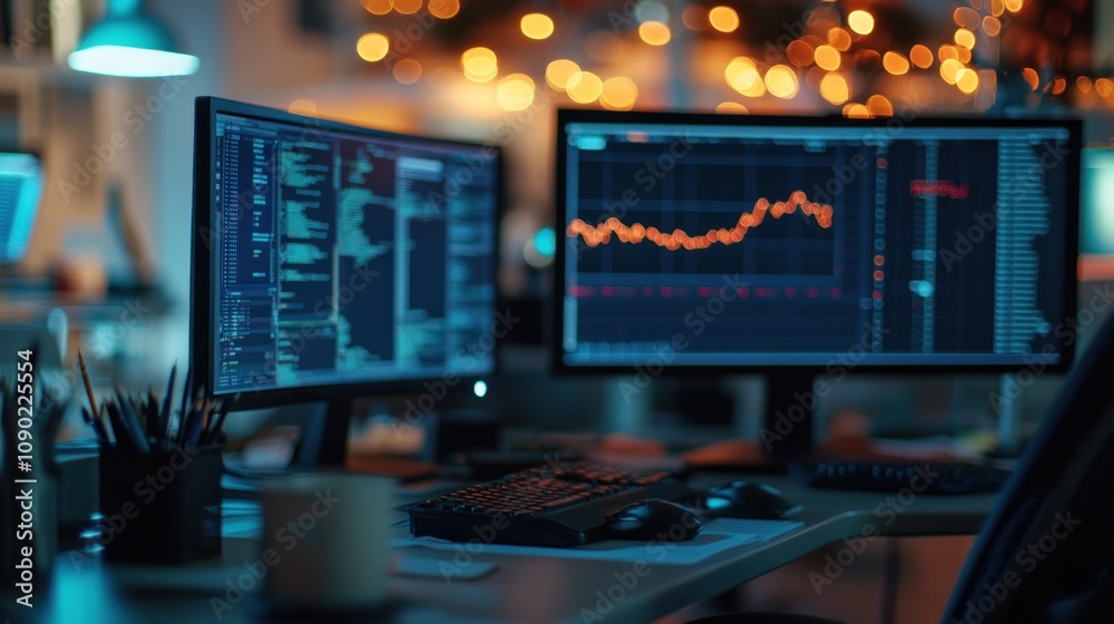 Poster A dimly lit workspace featuring dual monitors displaying data and analytics.