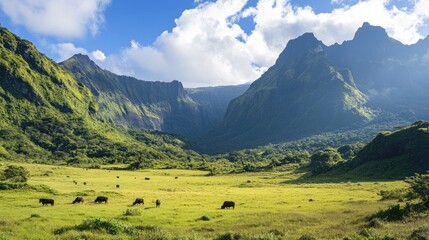 Majestic Green Valley with Grazing Cattle and Dramatic Mountain Peaks Under a Bright Blue Sky in a Lush Tropical Landscape
