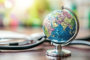 Small world globe with a stethoscope on a desk