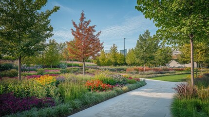 Lush Urban Garden Pathway Surrounded by Vibrant Seasonal Flowers and Greenery Under a Clear Blue Sky in a Modern Landscape Design