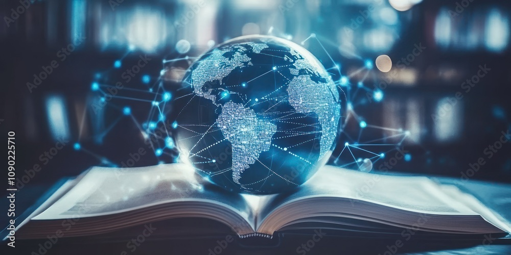 Poster a globe rests on an open book, symbolizing knowledge and global connectivity.