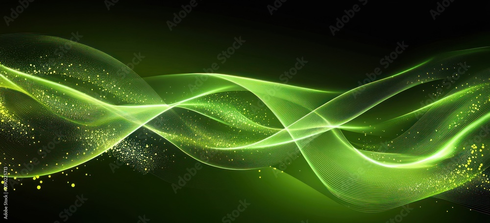 Poster abstract green waves with glowing particles on a dark background.