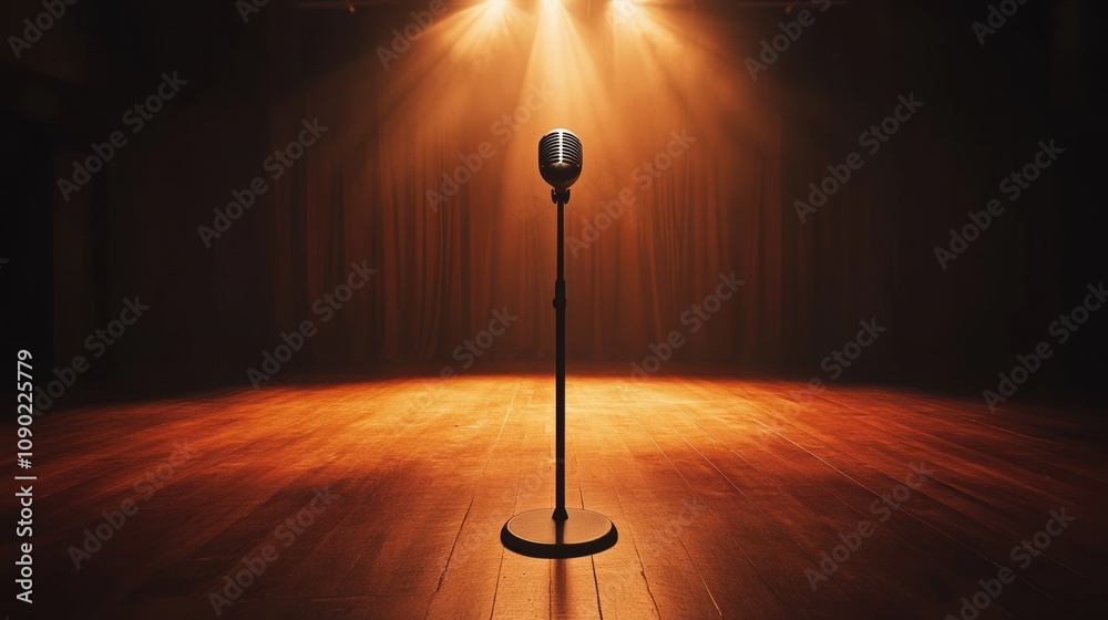Poster a spotlighted microphone on a stage, ready for performance or speech.