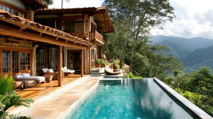 Fototapeta premium Serene Modern Villa with Stunning Infinity Pool Overlooking Lush Mountains and Clear Skies in a Tropical Paradise Setting