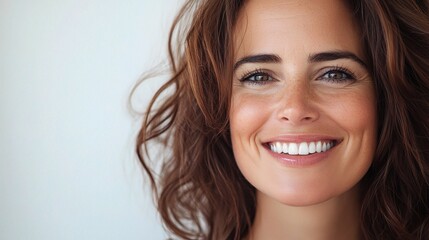 Naklejka premium Beautiful Brunette Woman with Radiant Smile Showcasing Joy and Confidence in a Bright, Natural Setting