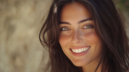 Fototapeta premium Beautiful Brunette Woman Showcasing a Radiant Smile Against a Natural Background, Capturing Essence and Joy in a Stunning Portrait