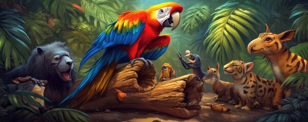 Fototapeta premium A vibrant jungle scene featuring various animals gathered around a colorful parrot.