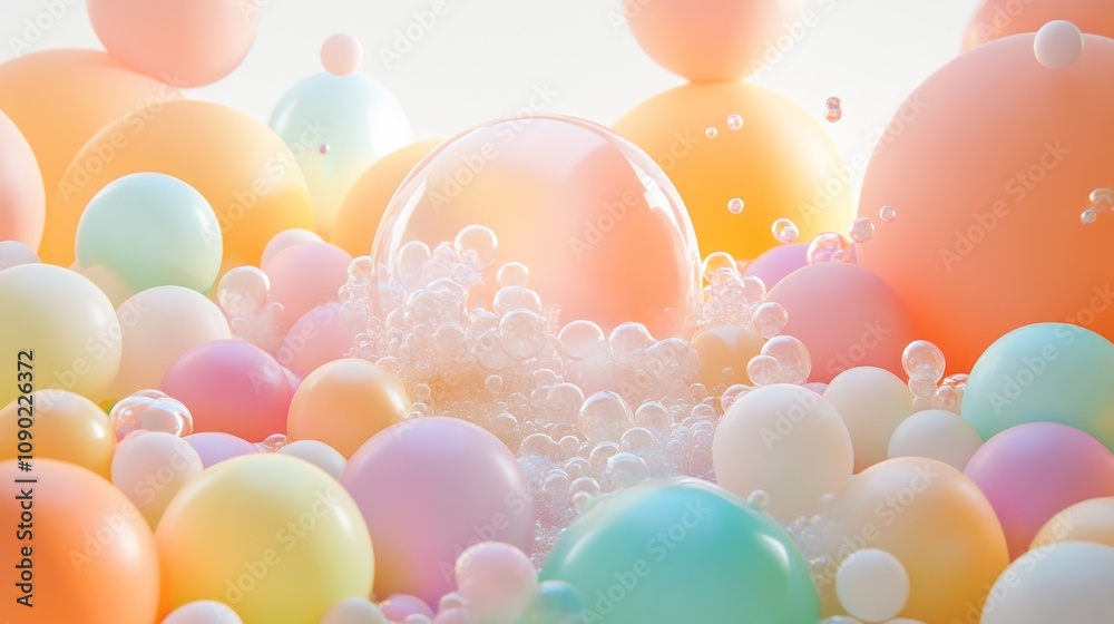 Poster A vibrant composition of colorful spheres and bubbles creating a playful, abstract scene.