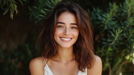 Naklejka premium Joyful Brunette Woman with Radiant Skin Smiling in Natural Outdoor Setting Surrounded by Lush Greenery, Capturing the Essence of Happiness and Serenity in a Bright Day