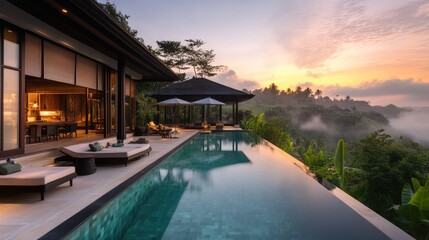 Fototapeta premium Luxurious Infinity Pool Overlooking Lush Tropical Landscapes at Sunrise in a Serene Villa Setting Surrounded by Nature and Tranquility
