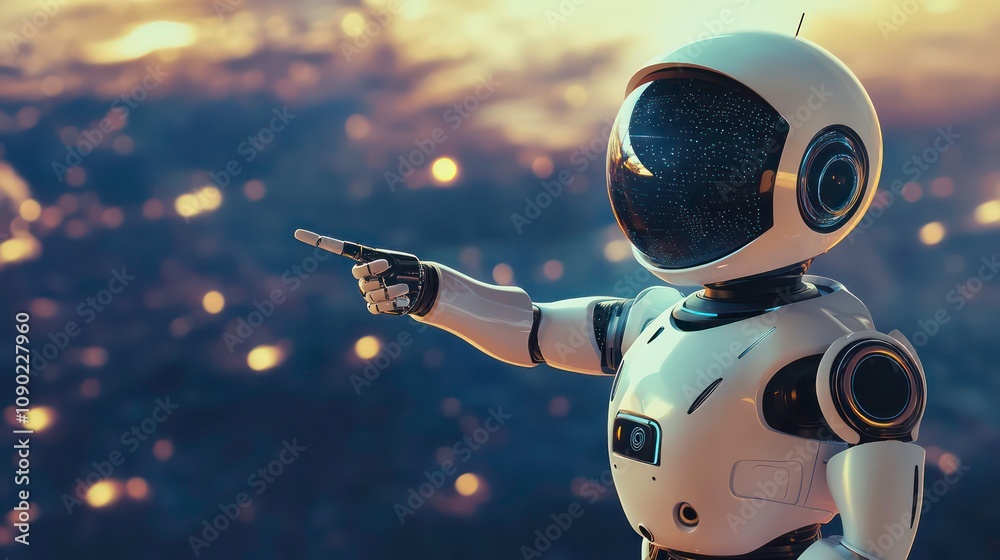 Wall mural a futuristic robot astronaut points towards a distant, bright light in a sky full of stars.