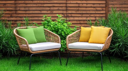 Patio with garden decor, comfortable outdoor space, stylish rattan furniture, vibrant cushions, lush greenery, soft shadows, bright and inviting atmosphere