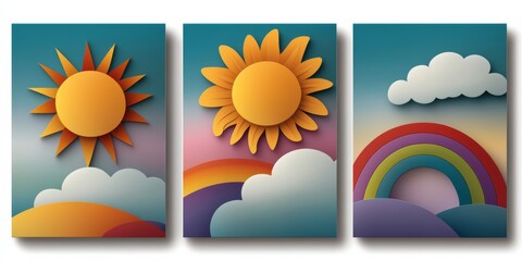 Obraz premium Colorful triptych wall art with sun, rainbow, and clouds