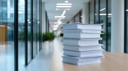 A stack of white books on a table in a modern office space.