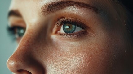 Naklejka premium Close-Up of a Woman's Beautiful Face Highlighting Radiant Skin, Perfect for Skincare and Dermatology Themes, Emphasizing Natural Beauty and Healthy Complexion