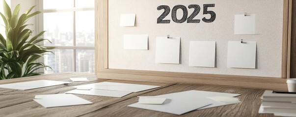 A cozy office setting with a 2025 vision board on the wall, blank notes scattered, and space for new ideas and plans