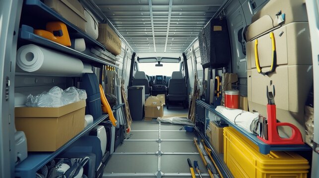 A cluttered van interior filled with various tools and supplies for work or transport.