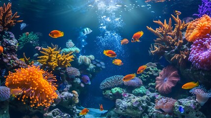 Obraz premium A well-maintained aquarium filled with colorful fish, coral, and aquatic plants, with a soft glow from the tank's lighting.