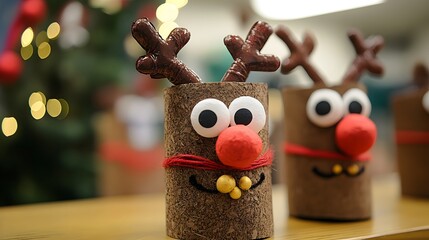 Fototapeta premium Creative holiday decorations featuring reindeer made from recycled materials.