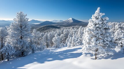 Obraz premium Snow-covered landscape with evergreen trees under a bright blue sky.