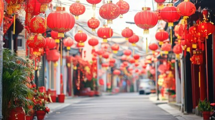 A vibrant street scene with red lanterns and decorations for Chinese New Year