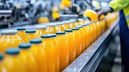 Fototapeta premium Bottling process of orange juice in a production facility.
