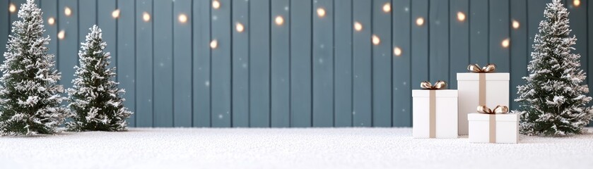 Obraz premium A serene winter scene featuring snow-covered ground, two Christmas trees, and beautifully wrapped gifts against a blue wooden background illuminated by fairy lights.