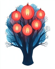 Tree decorated with red lanterns on white isolated background.