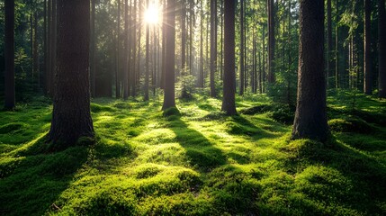 Obraz premium Sunlight filtering through tall trees in a vibrant green forest.