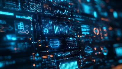 Fototapeta premium Futuristic digital screen with blue and orange glowing interfaces, charts, and data.