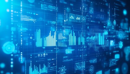 Abstract digital background with graphs, charts, and data on a blue grid pattern.