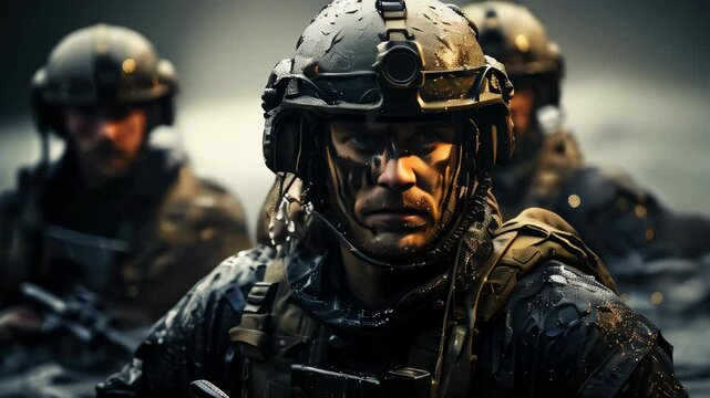 Military soldiers undertake a challenging special operations mission in a rain-soaked environment