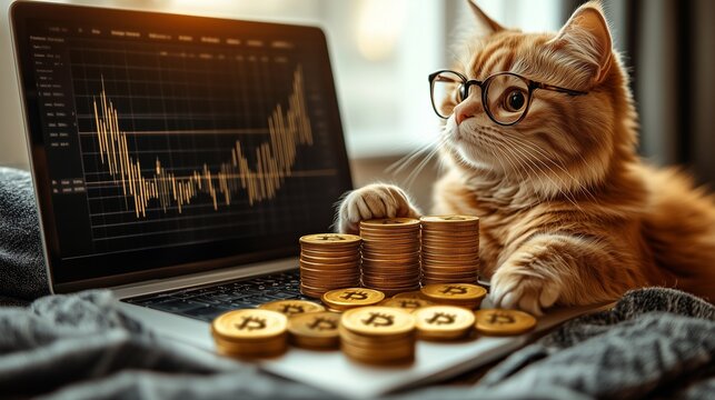 wealthy cat wearing glasses and using laptop Trade Bitcoin to analyze a bitcoin chart with A pile of bitcoins is placed in front of you in a rich manner. - Powered by Adobe