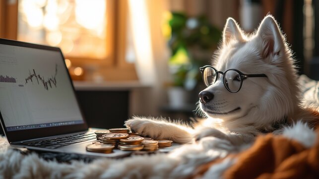 wealthy Siberian Husky wearing glasses and using laptop Trade Bitcoin to analyze a bitcoin chart with A pile of bitcoins is placed in front of you in a rich manner.