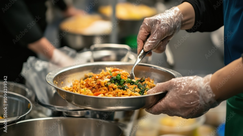 Poster the hands of a chef preparing a nutritious meal in a bustling soup kitchen, reflecting dedication to