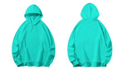Two teal hoodies are presented front and back views.