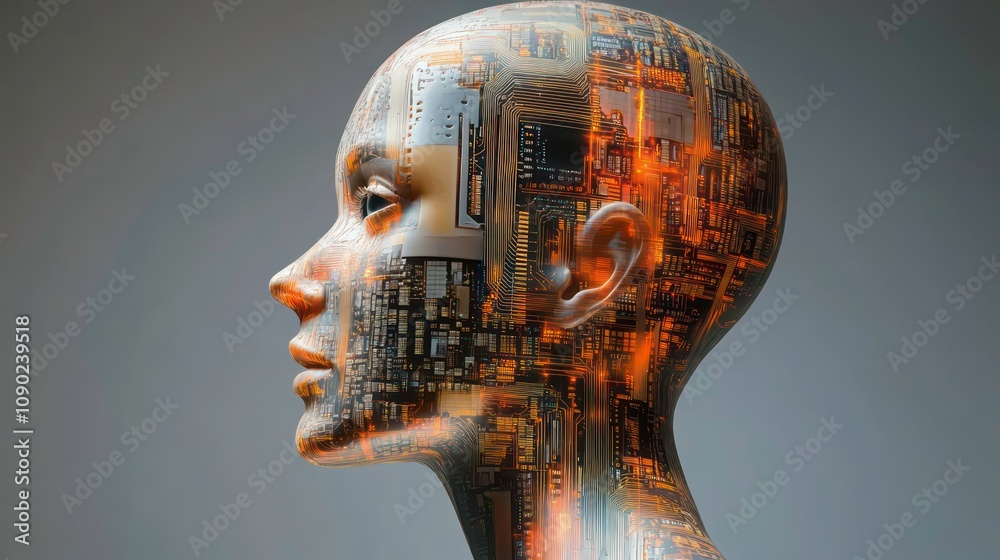 Canvas Prints a profile view of a human head with a circuit board overlay.