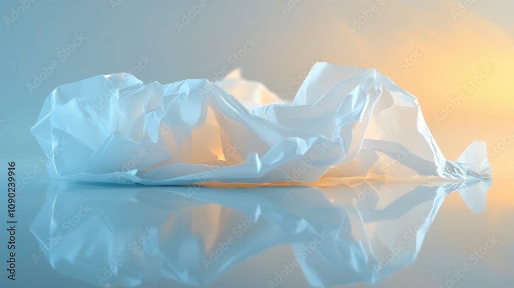 Poster crumpled white paper on reflective surface with soft lighting and color gradient - abstract conceptu