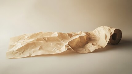 Textured Roll of Brown Craft Paper Unraveled on a Soft Neutral Surface with Dynamic Creases and Waves for Creative Artistic Backgrounds and Inspirations
